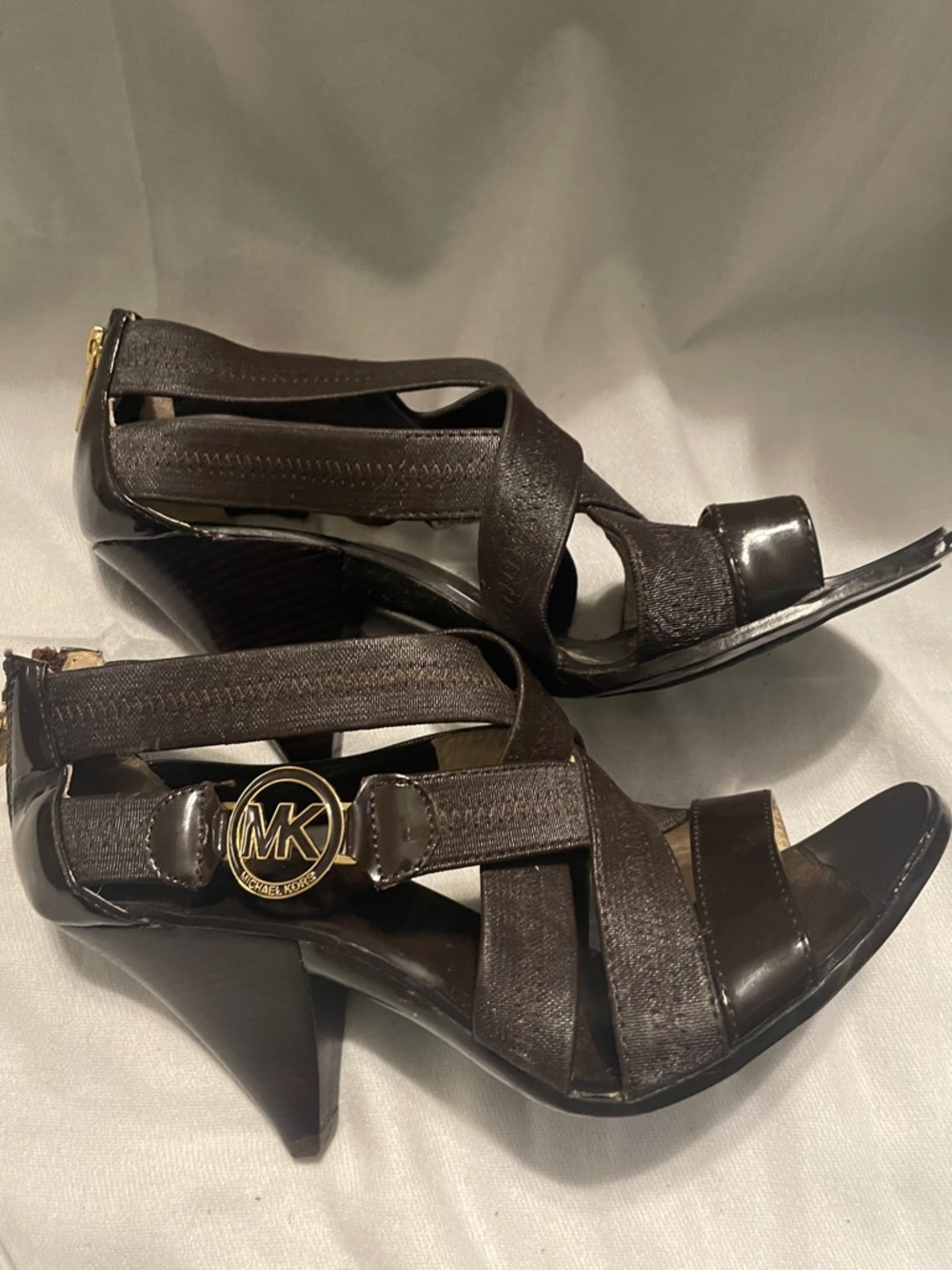 Michael Kors Dark Brown Leather Strappy Heels with Gold MK Emblem